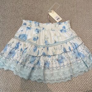 LoveShackFancy Floral Blue Lace Trim Skirt